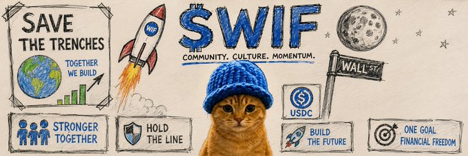 Hand-drawn $WIF banner: cat in a blue hat with doodles of a rocket, globe, USDC and community slogans