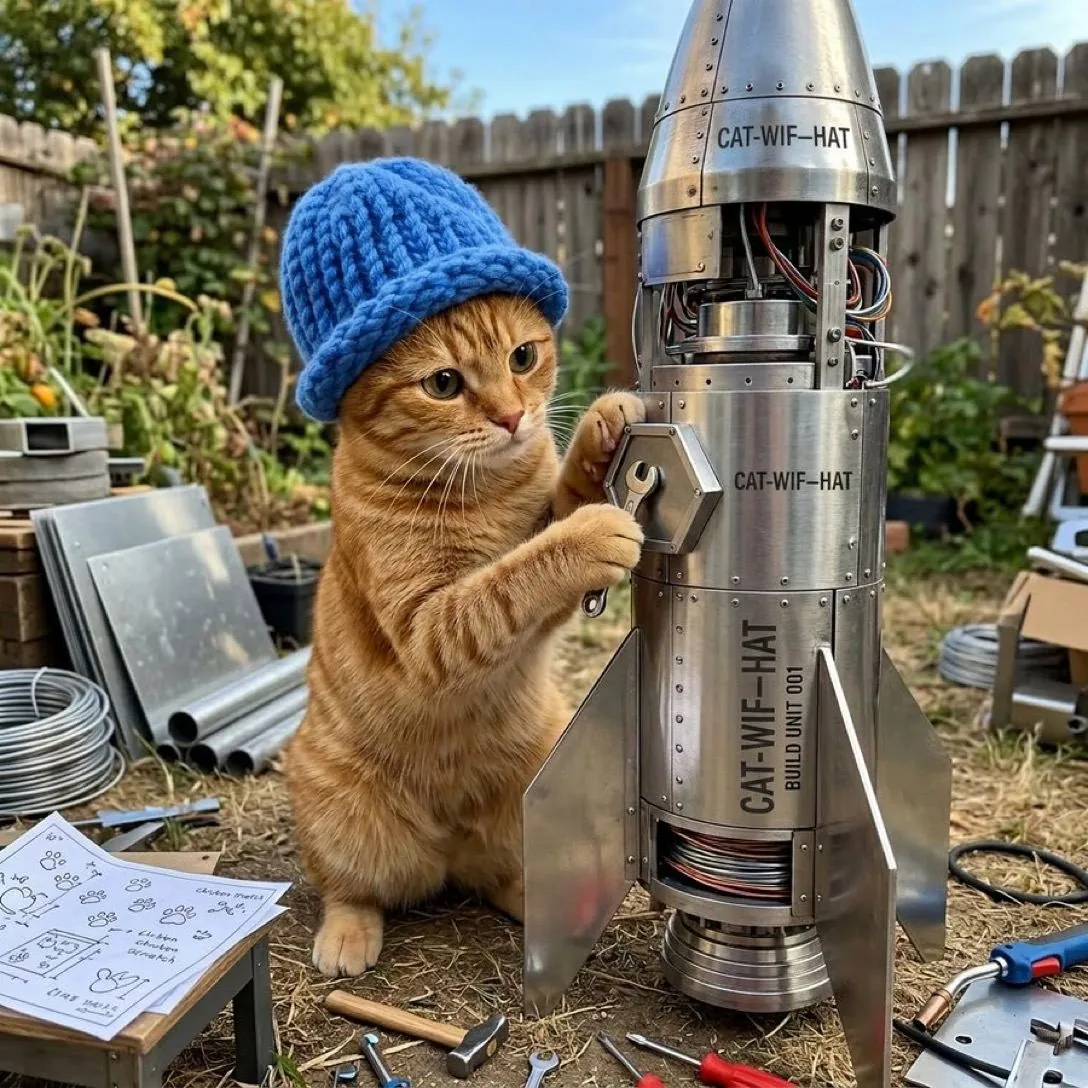 catwifhat meme — building rocket cat