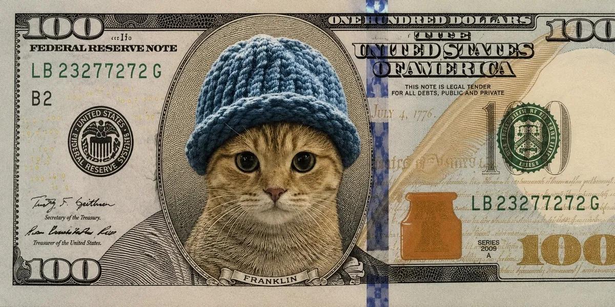 Cat in a blue hat as the portrait on a US $100 bill