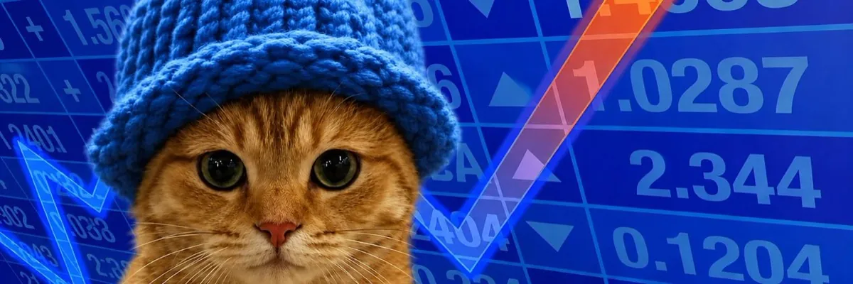 Cat in a blue hat over a blue trading screen