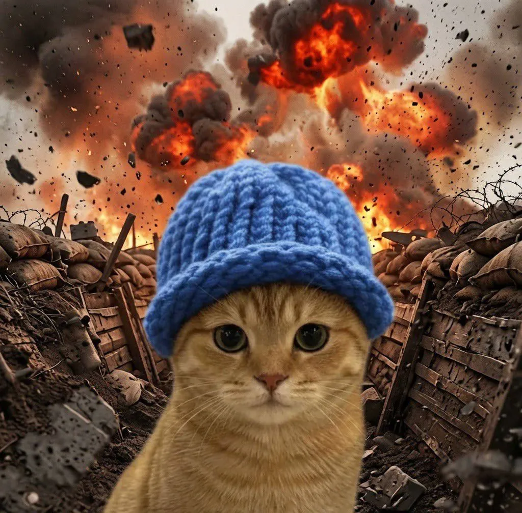 catwifhat meme — cat in the trenches