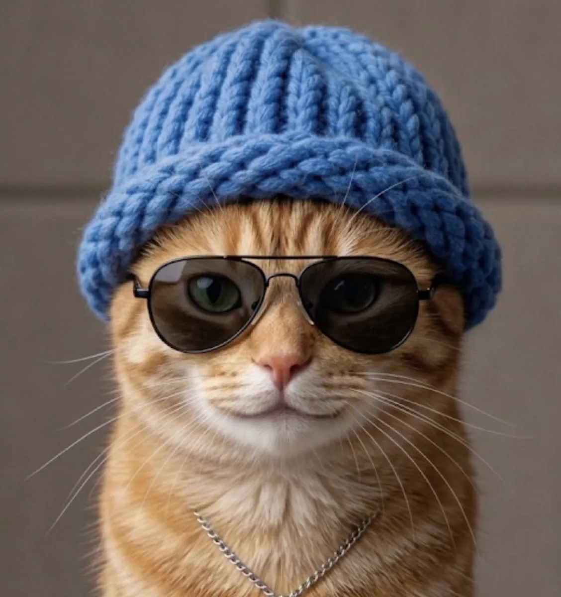 Cat in a blue hat wearing aviator sunglasses and a silver chain