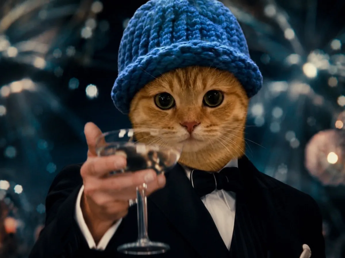 Cat in a blue hat and tuxedo raising a glass in a toast