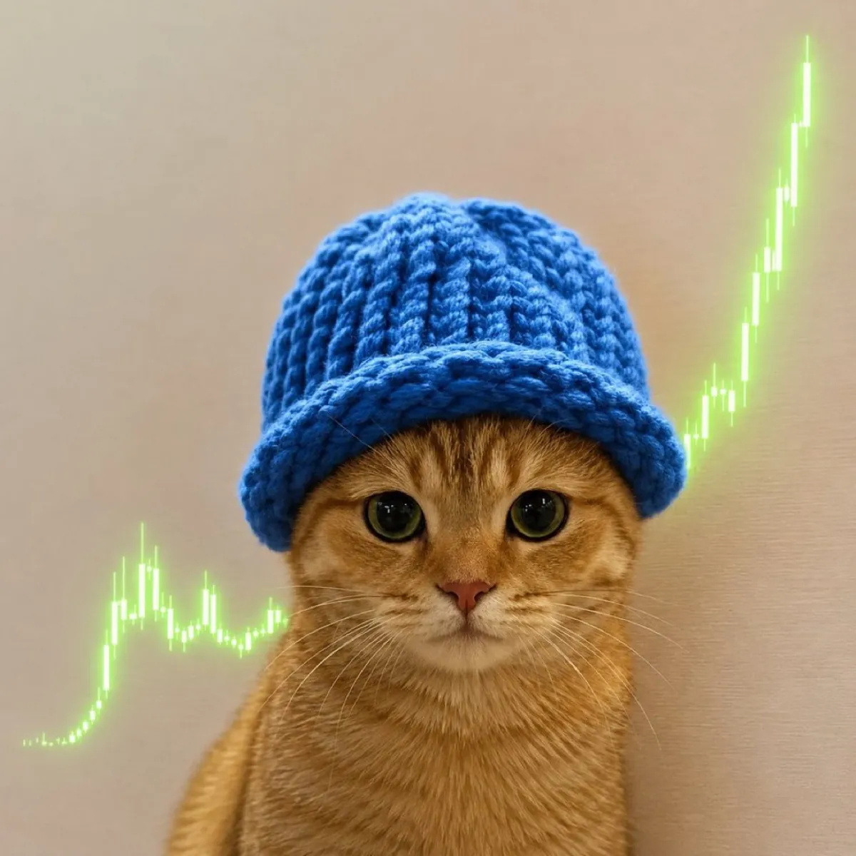 Cat in a blue hat in front of a rising green candlestick chart