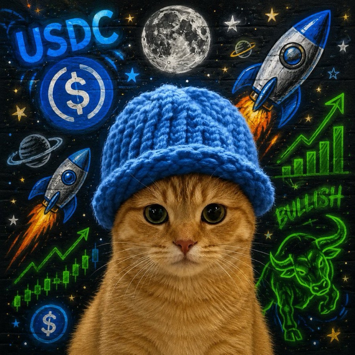 Cat in a blue hat surrounded by USDC, rockets, the moon, green charts and a bull