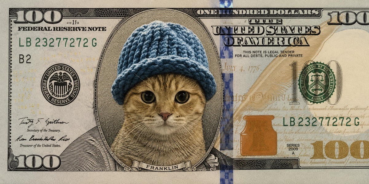Cat in a blue hat as the portrait on a US $100 bill