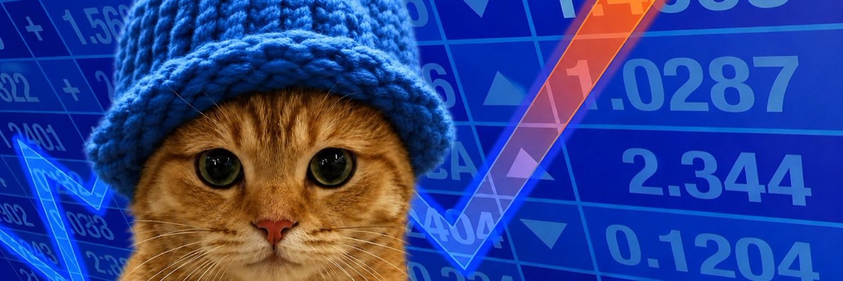 Cat in a blue hat over a blue trading screen