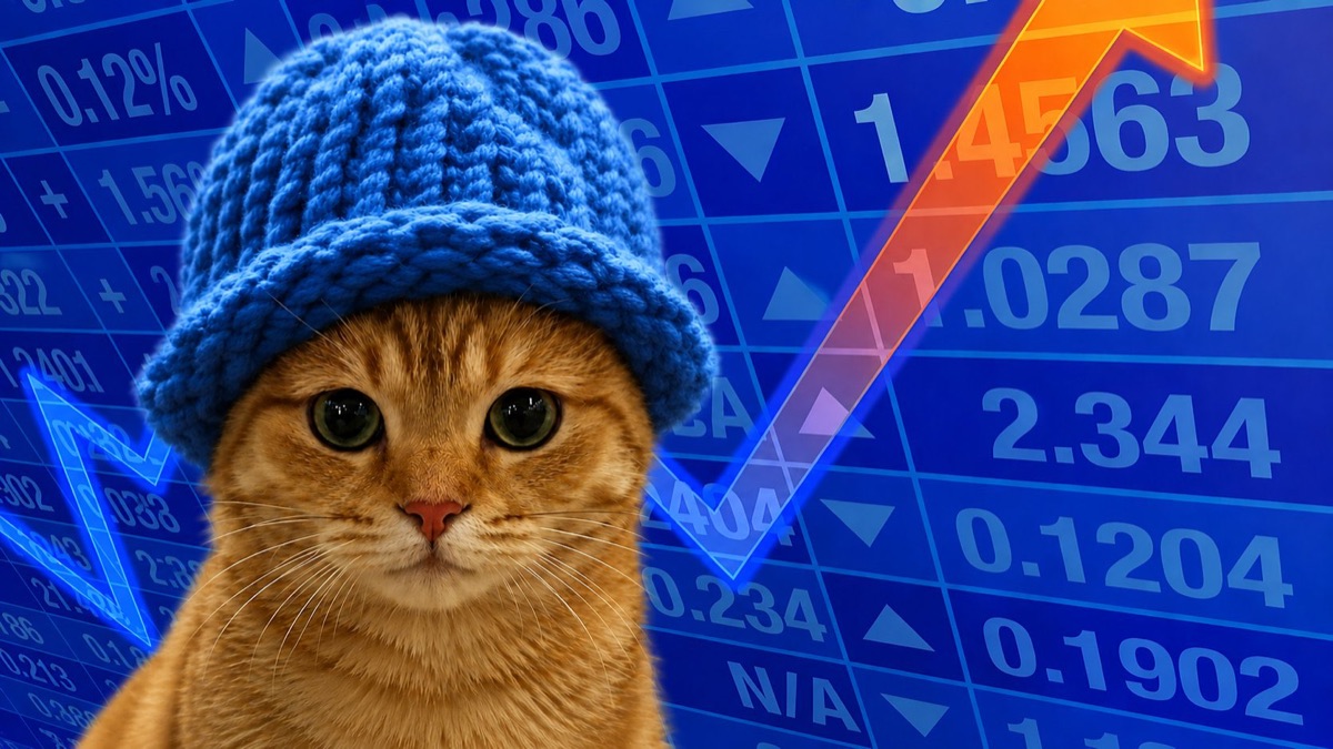 Cat in a blue hat beside a glowing orange up-arrow over a price board