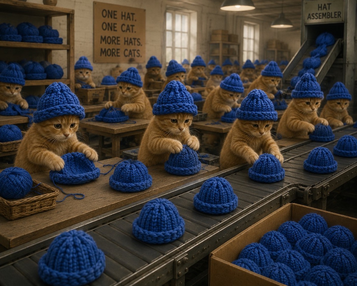 A factory of ginger cats knitting blue hats under a sign reading one hat one cat more hats more cats
