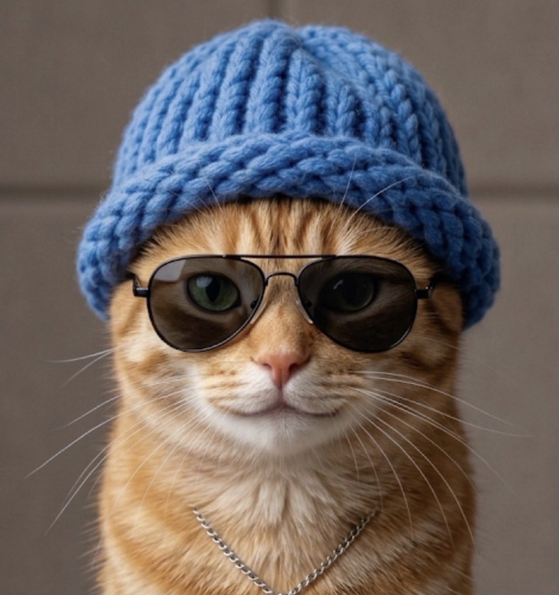 Cat in a blue hat wearing aviator sunglasses and a silver chain