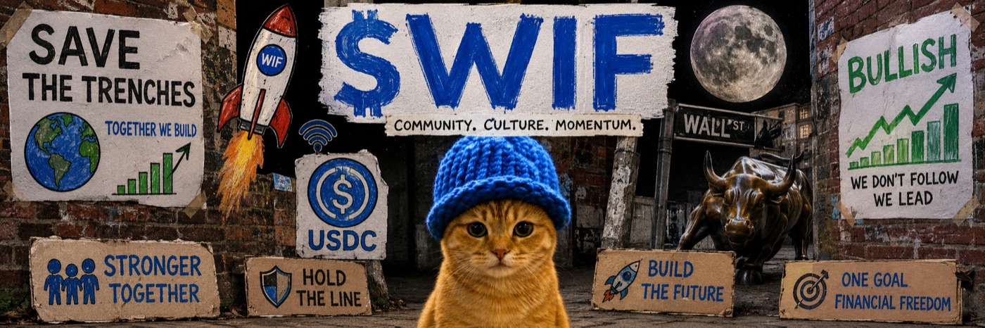 Industrial $WIF banner: cat in a blue hat against a brick wall with the Wall Street bull and a bullish chart