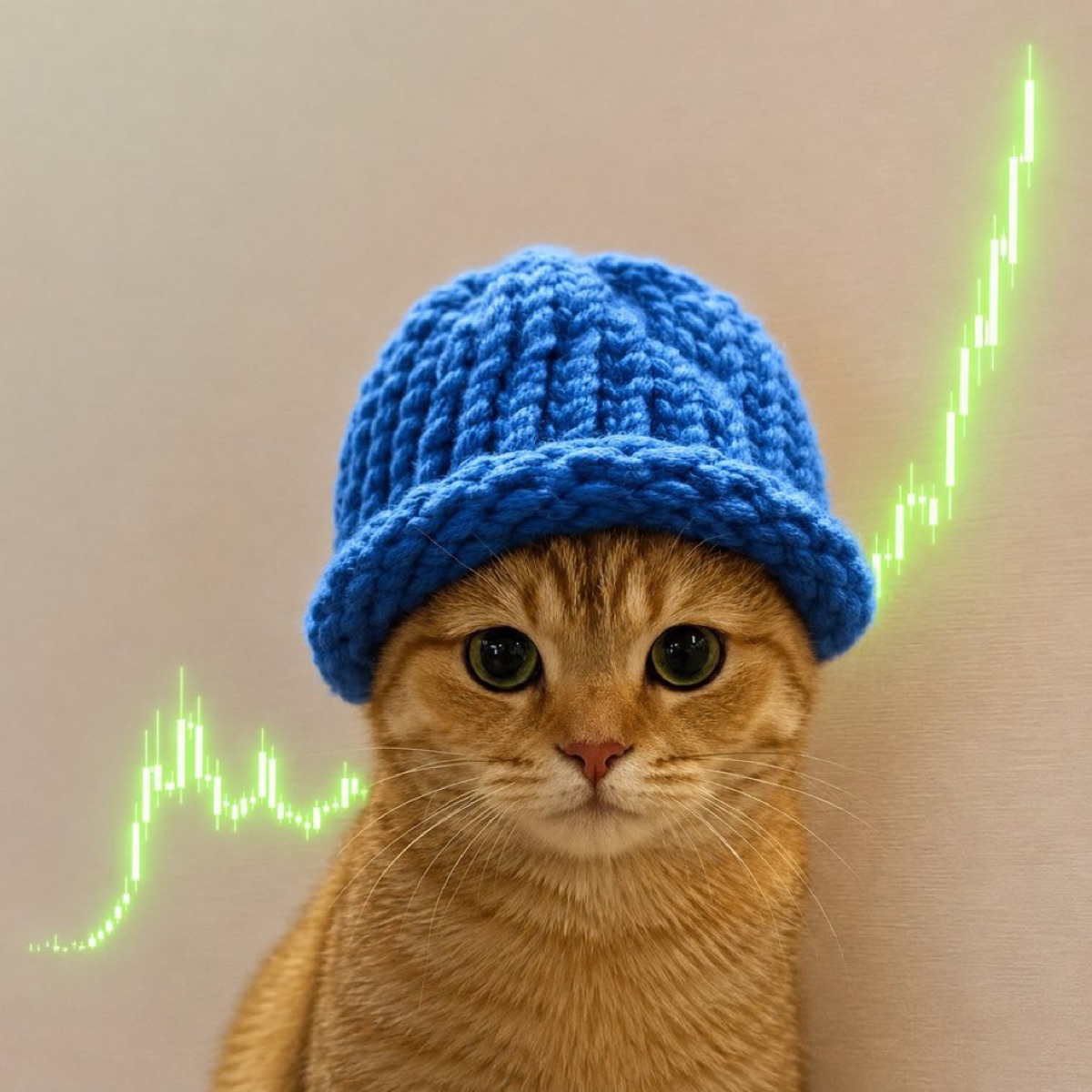 Cat in a blue hat in front of a rising green candlestick chart