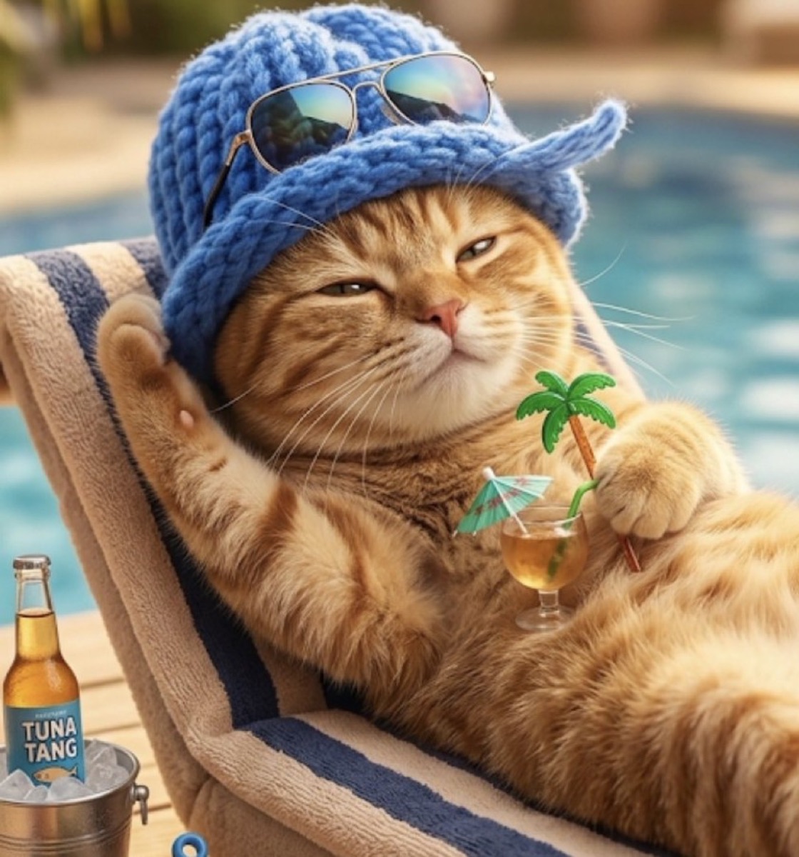 Ginger cat in a blue beanie and sunglasses lounging poolside with a cocktail