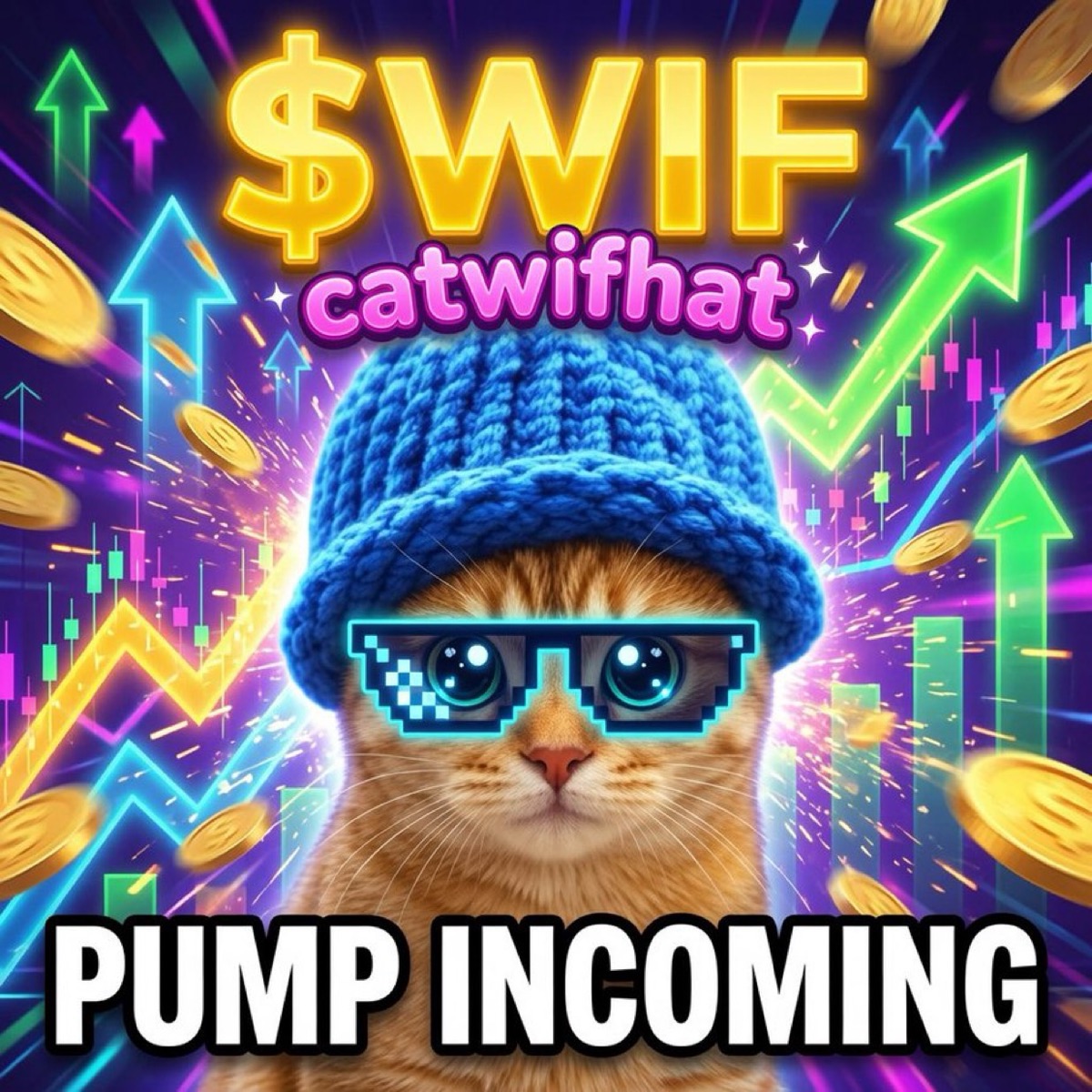 catwifhat cat in a blue hat and pixel sunglasses with green arrows, gold coins and the words pump incoming