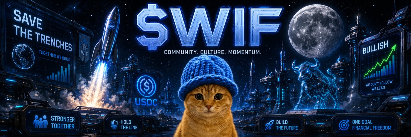 Sci-fi $WIF banner: cat in a blue hat in a futuristic city with a rocket launch, holographic bull and glowing $WIF logo
