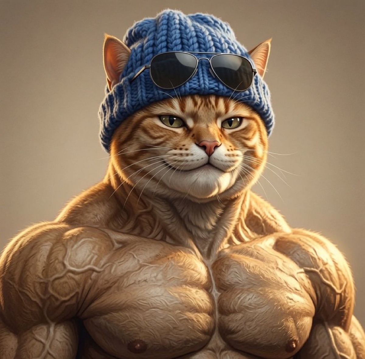 Muscular cat in a blue hat and aviator sunglasses