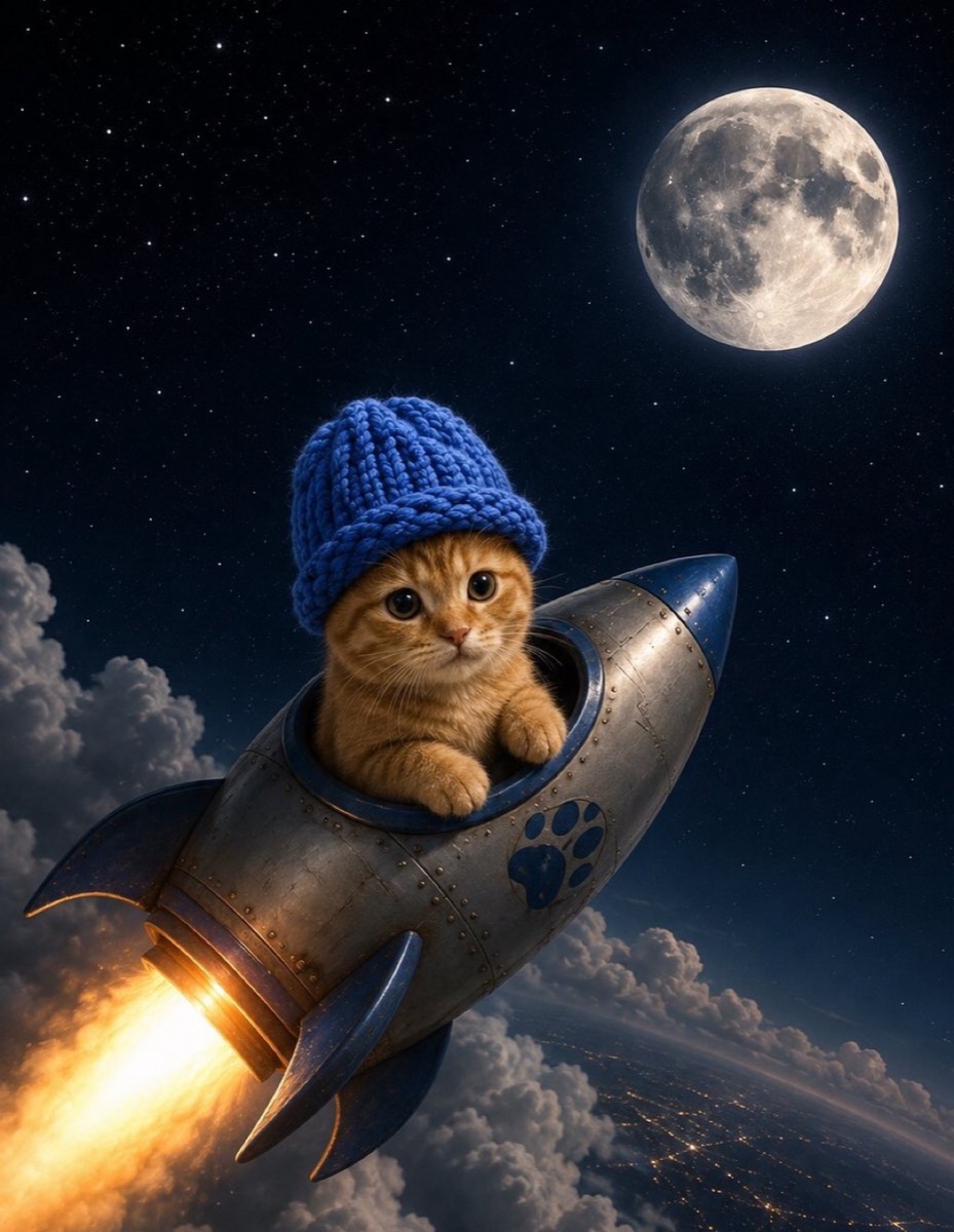 Kitten in a blue hat riding a rocket toward the moon